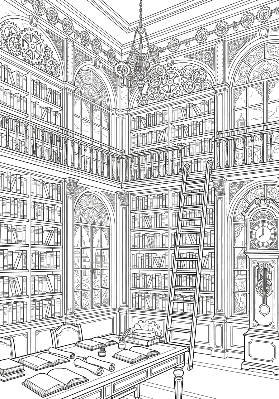 Clockwork Library Adult Coloring Page