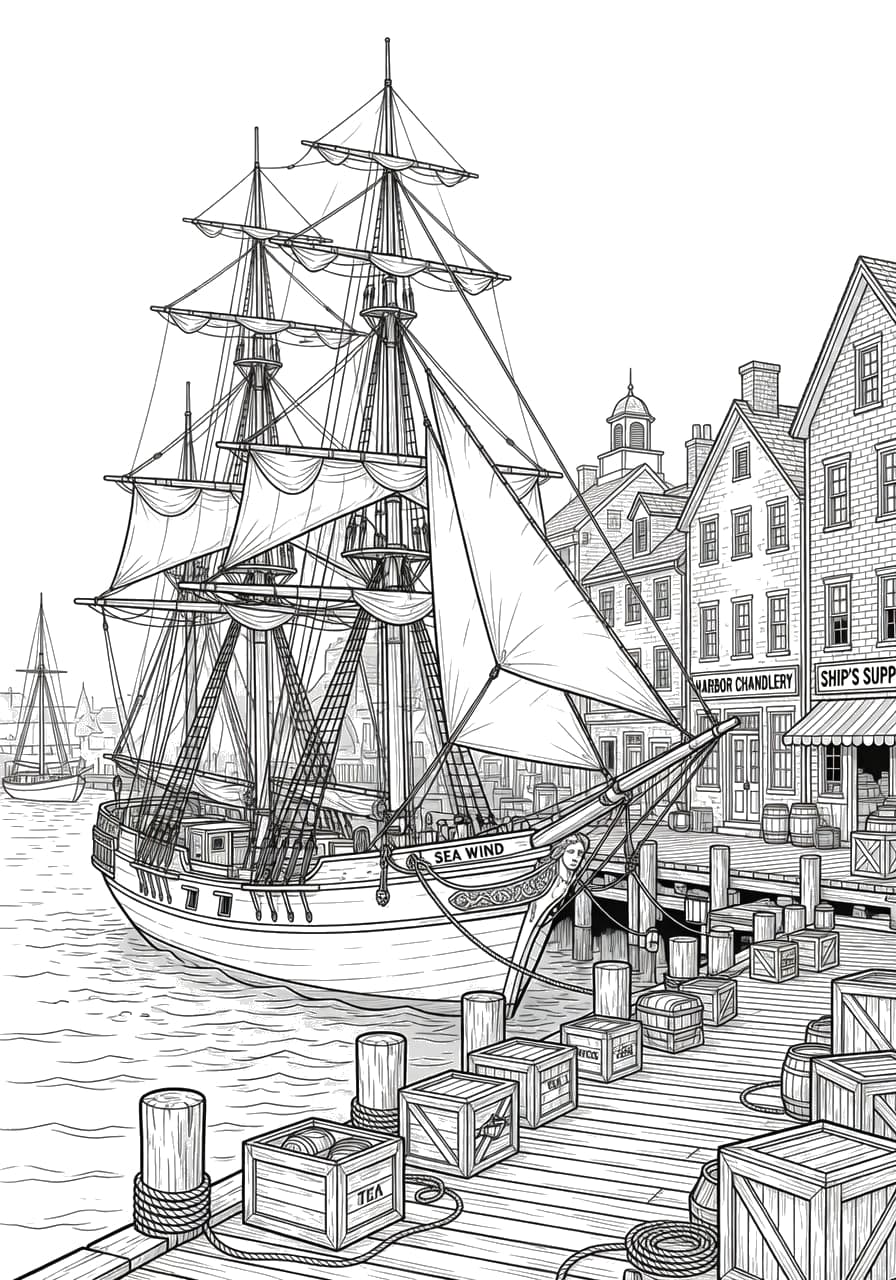 Harbor Sailship Adult Coloring Page