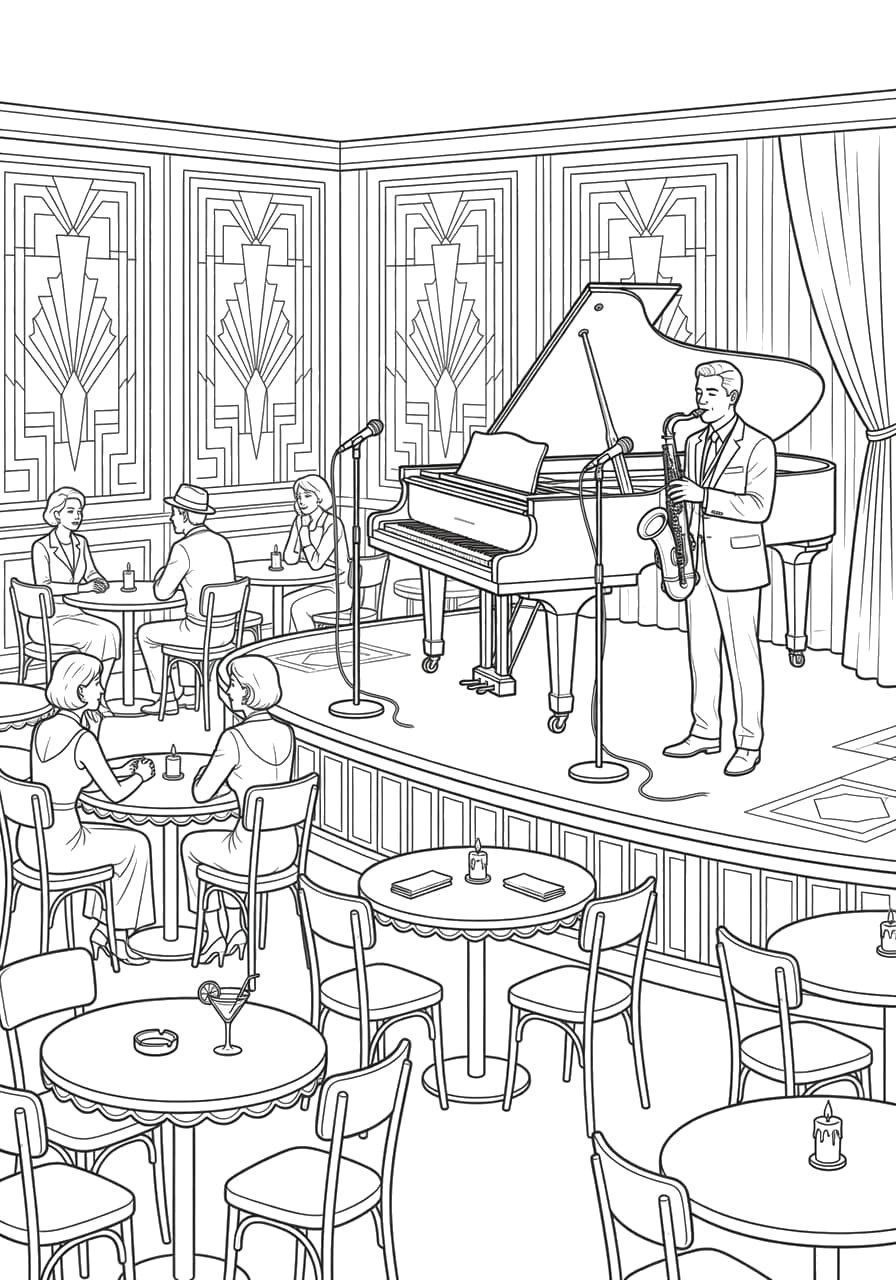 Jazz Club Adult Coloring Page