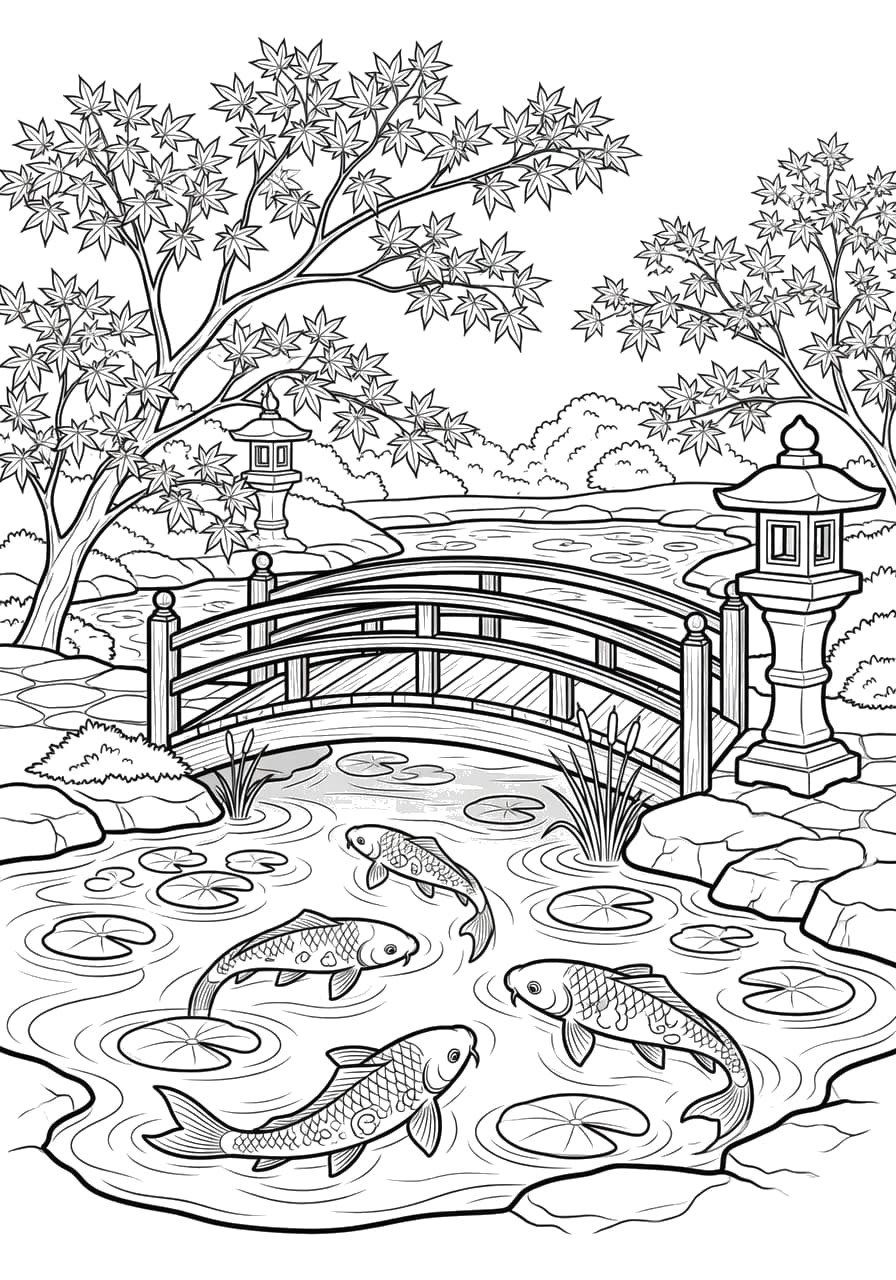 Koi Pond Bridge Adult Coloring Page