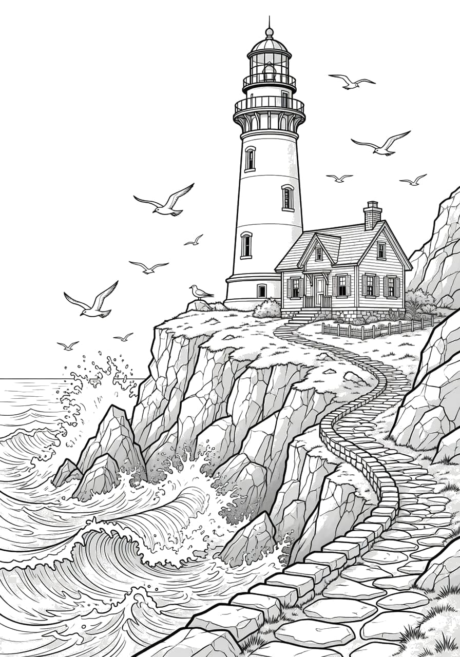 Lighthouse Cliffs Adult Coloring Page