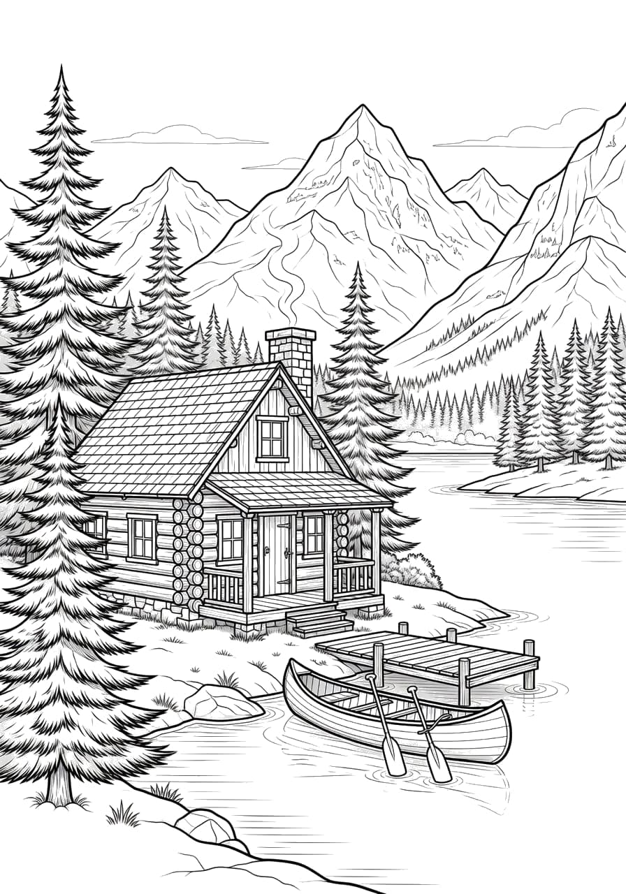 Mountain Lake Cabin Adult Coloring Page