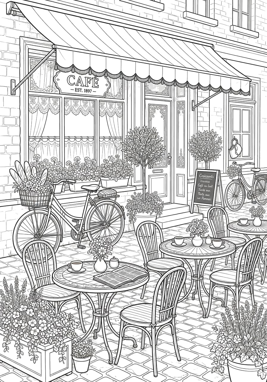 European Street Cafe Adult Coloring Page