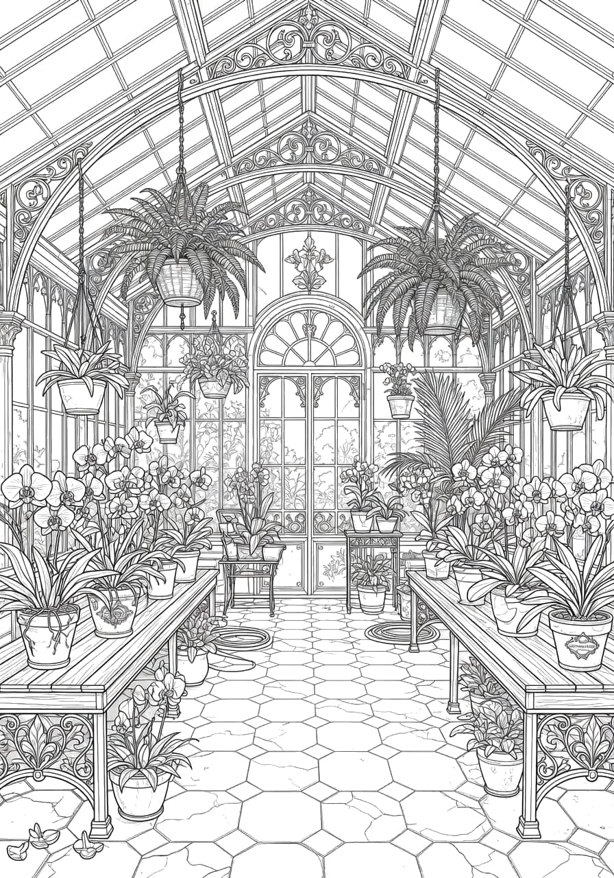 Victorian Greenhouse Adult Coloring Page