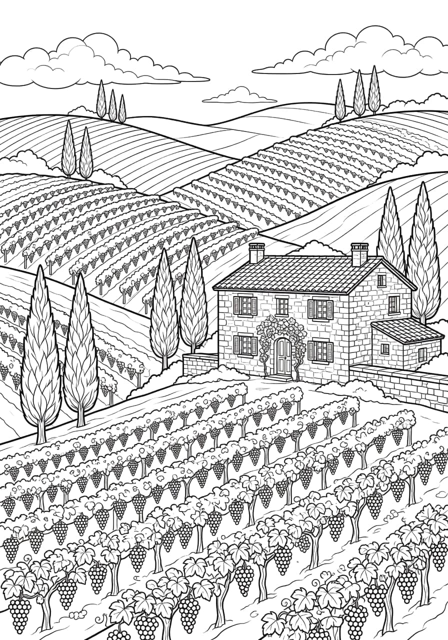 Vineyard Hills Adult Coloring Page