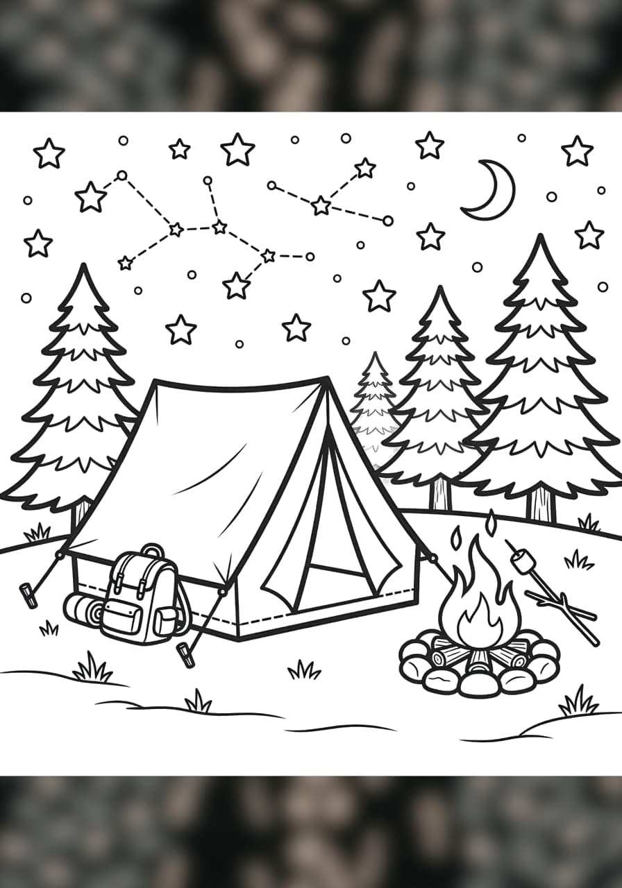 Camping Tent Child Coloring Page