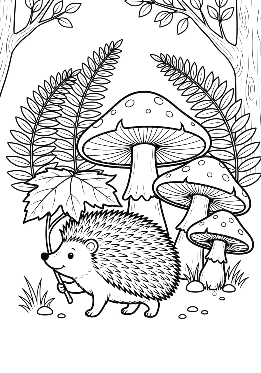 Hedgehog Mushrooms Child Coloring Page