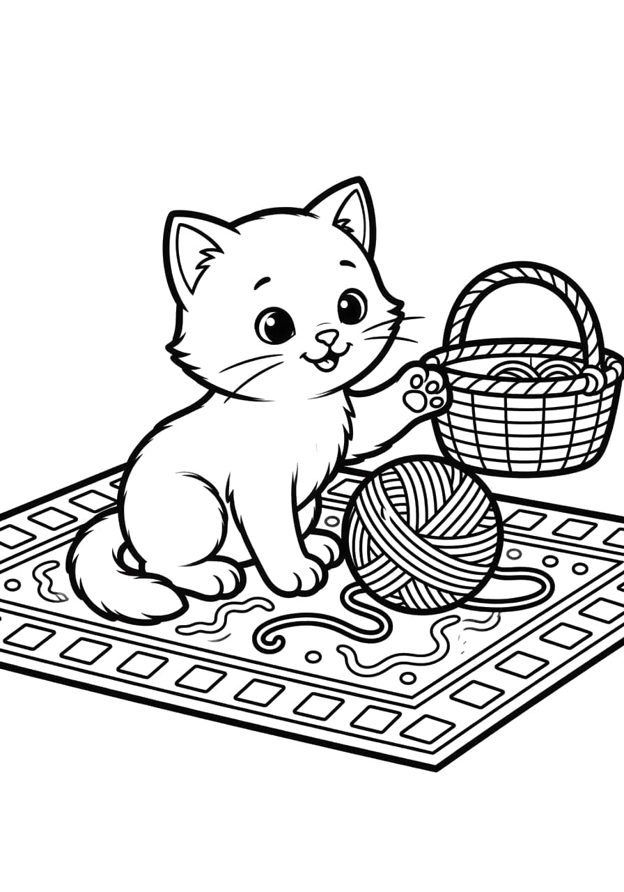 Kitten and Yarn Child Coloring Page