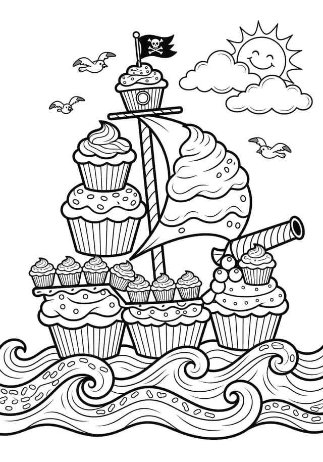 Free printable cupcake pirate ship coloring page