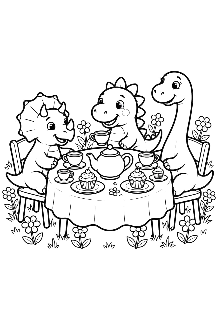Dinosaur Tea Party Coloring Page
