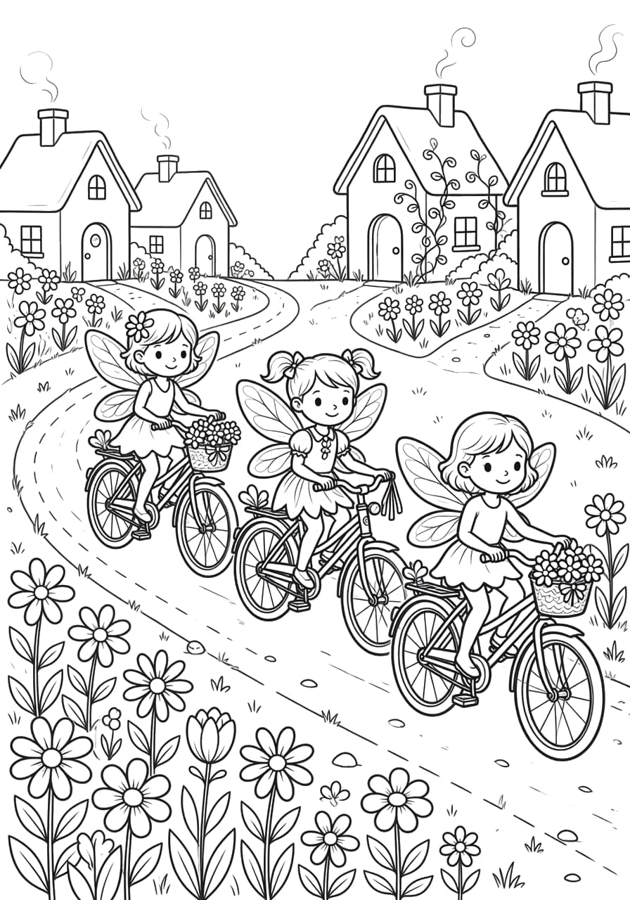 Fairy Bicycle Parade Coloring Page