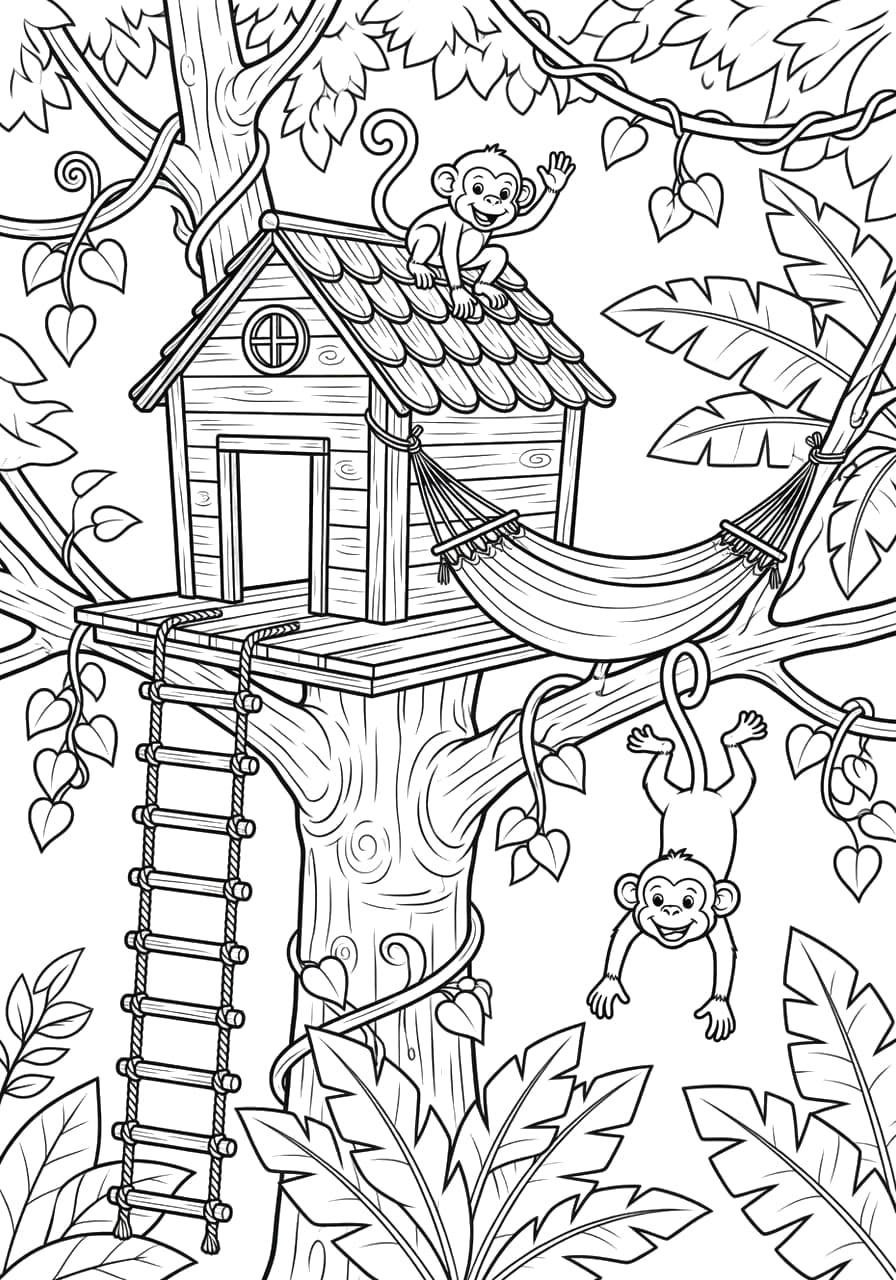 Jungle Treehouse Hammock Coloring Page