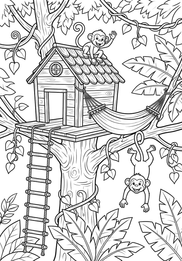 Jungle Treehouse Hammock Coloring Page