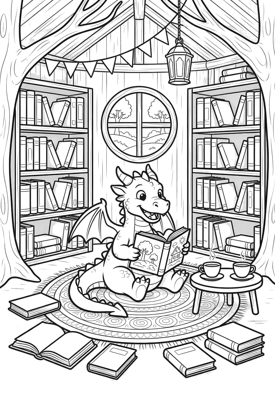 Free printable Library Dragon coloring page