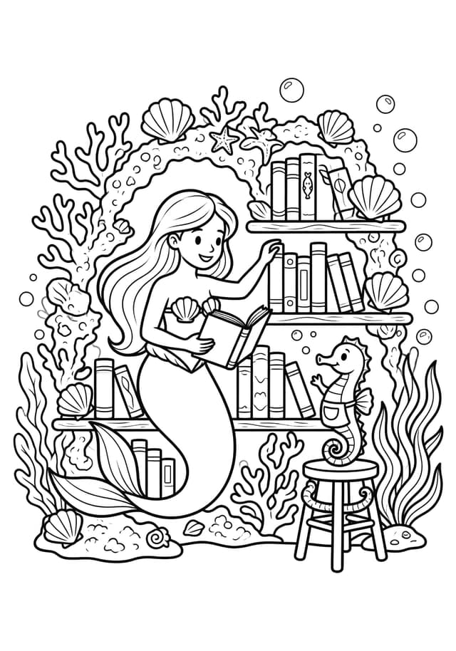 Mermaid Bookshop Coloring Page