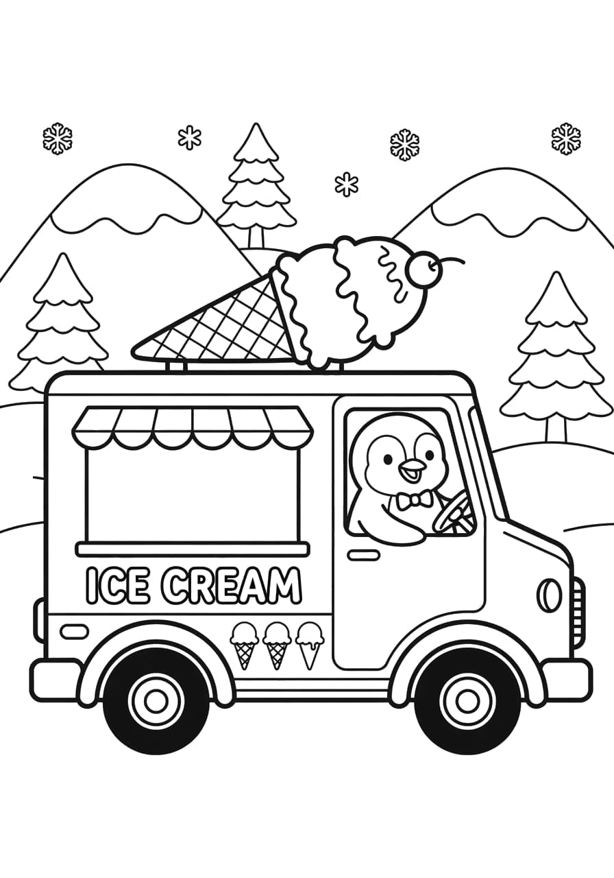Penguin Ice Cream Truck Coloring Page