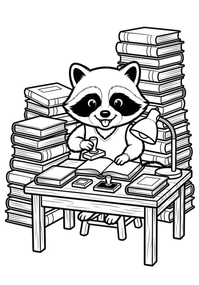 Raccoon Librarian Coloring Page