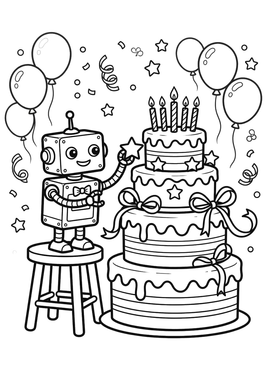 Robot Birthday Cake Coloring Page