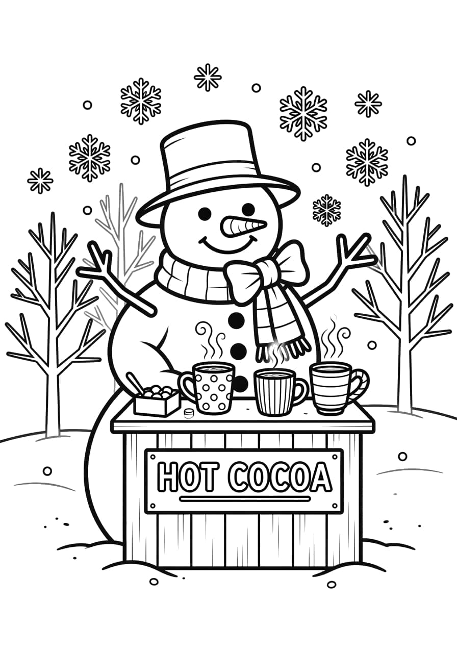 Snowman Hot Cocoa Stand Coloring Page