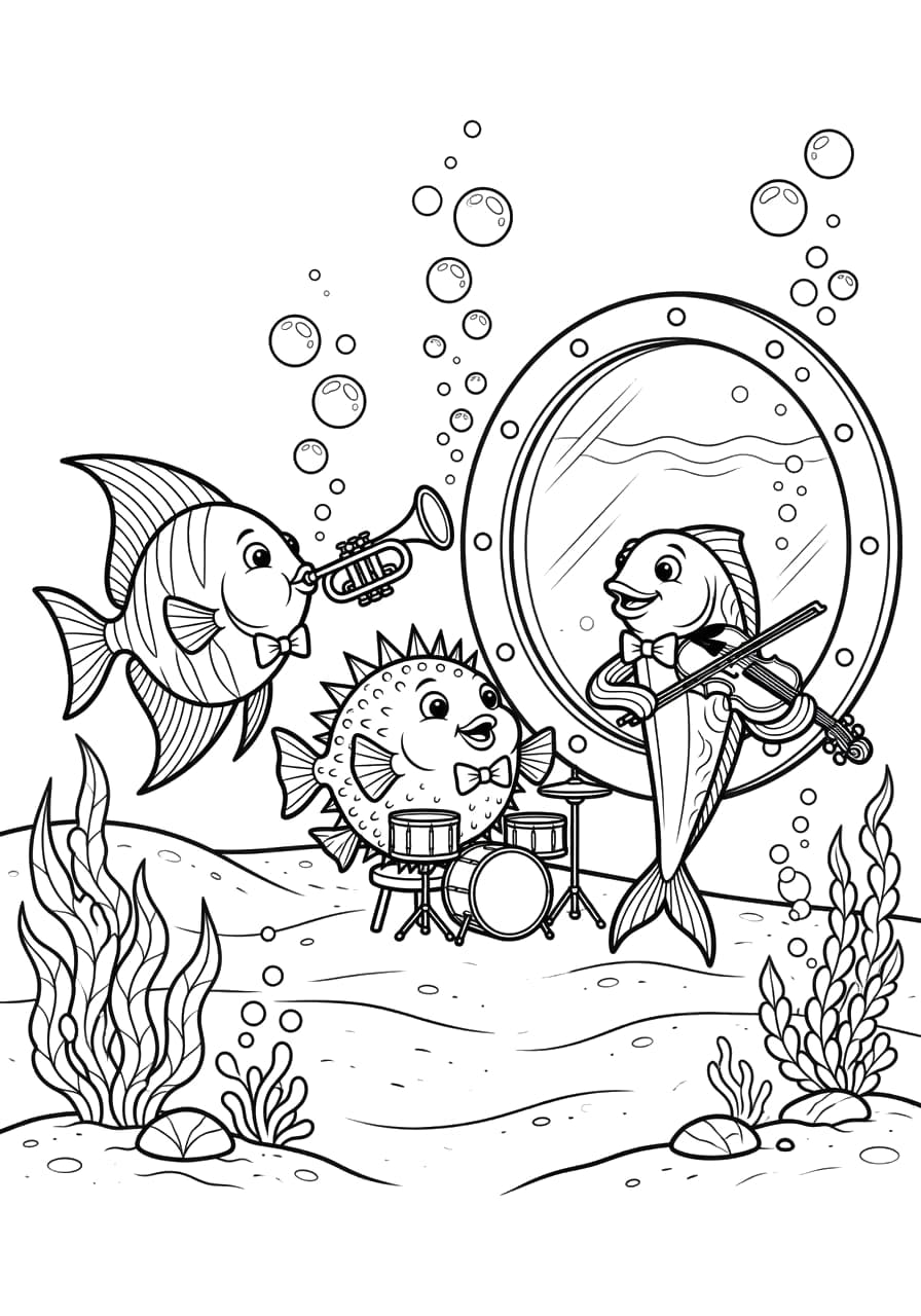 Submarine Fish Band Coloring Page