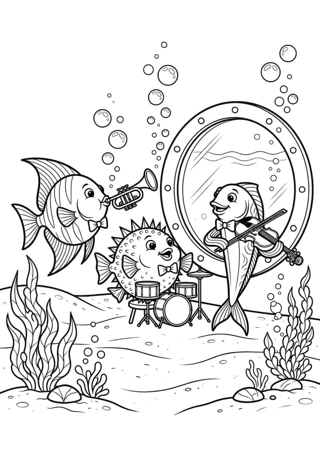Submarine Fish Band Coloring Page