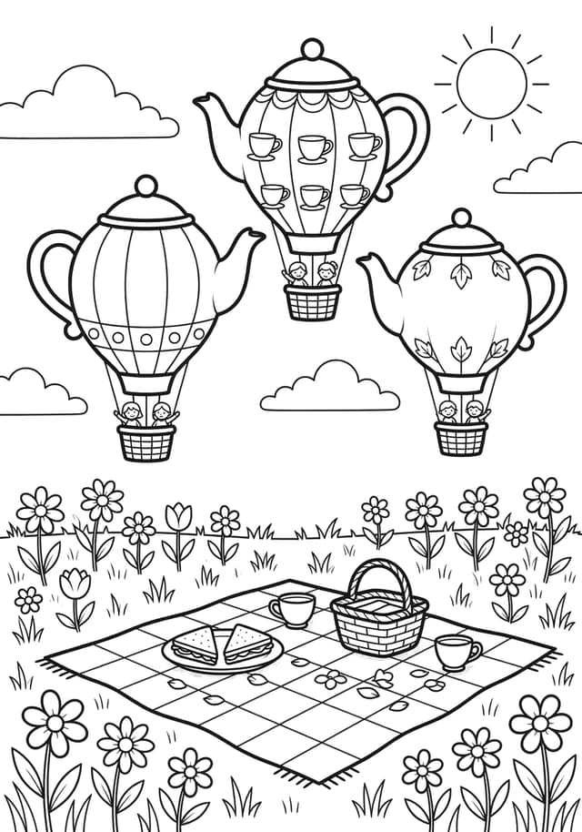 Free printable teapot hot air balloon coloring page