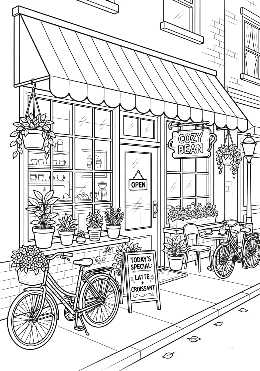 City Coffee Shop Teen Coloring Page