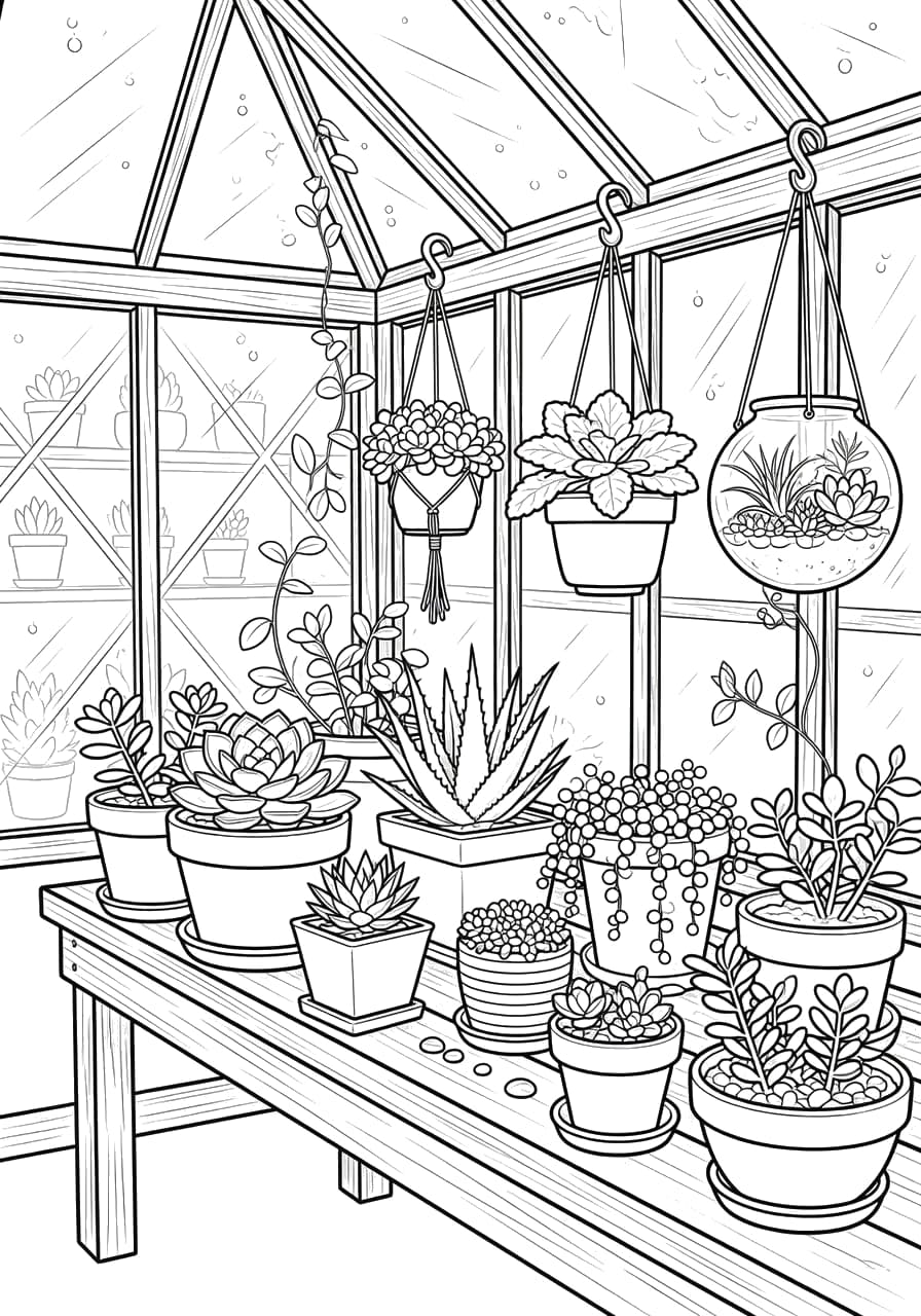 Succulent Greenhouse Teen Coloring Page