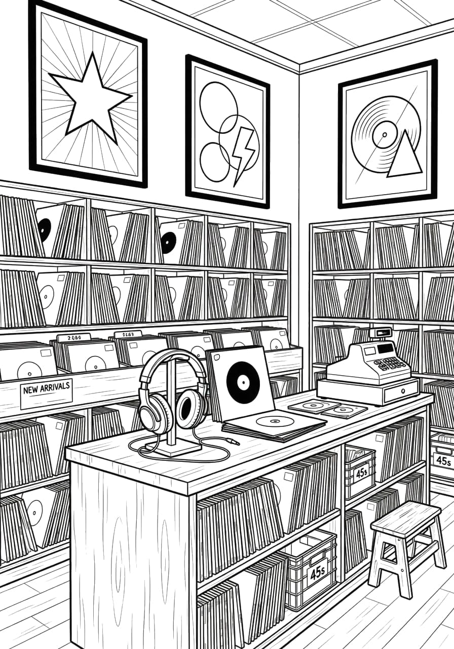 Record Store Teen Coloring Page